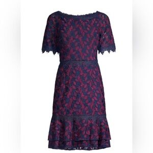 Shani  Navy and Burgundy Lace Midi Dress